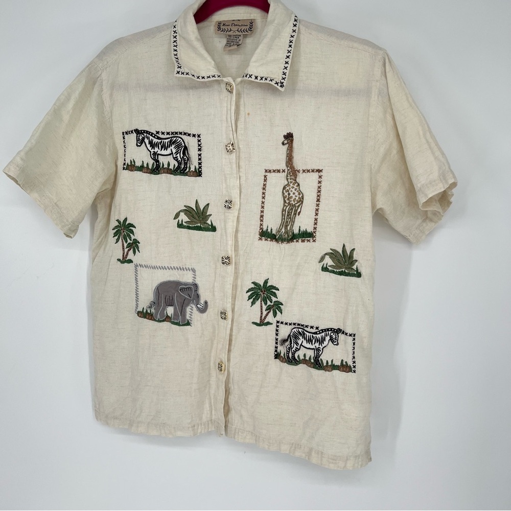 VTG New Directions‎ Safari Print Embroidered Button Shirt Large Linen Cotton - Picture 2 of 16